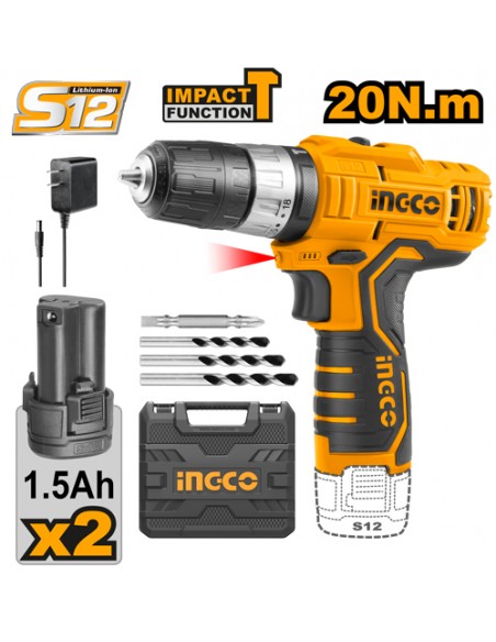 TALADRO PERCUTOR ATORNILLADOR A BATERIA 12V INGCO UCIDLI1232