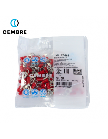 TERMINAL DE OJO PREAISLADO ROJO M5 - PARA CABLE 22-16 CEMBRE