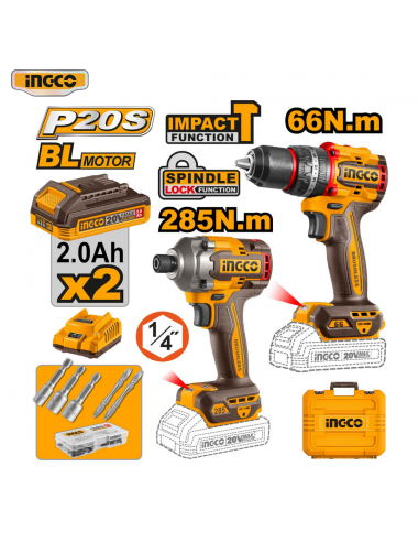INGCO TALADRO 66N.M +  ATORNILLADOR DE IMPACTO 285N.M INALAMBRICO 20 V