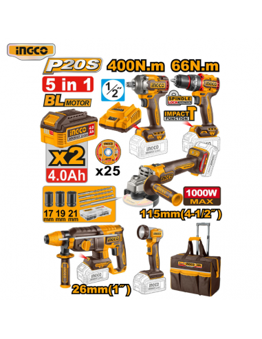 SÚPER COMBO KIT 5 HERRAMIENTAS INALÁMBRICAS 1000W MAX 20V INGCO